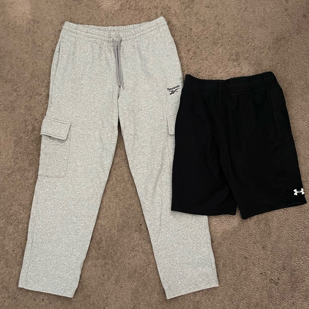 Men’s Reebok Gray Cargo Sweatpants and Under Armour Black Shorts